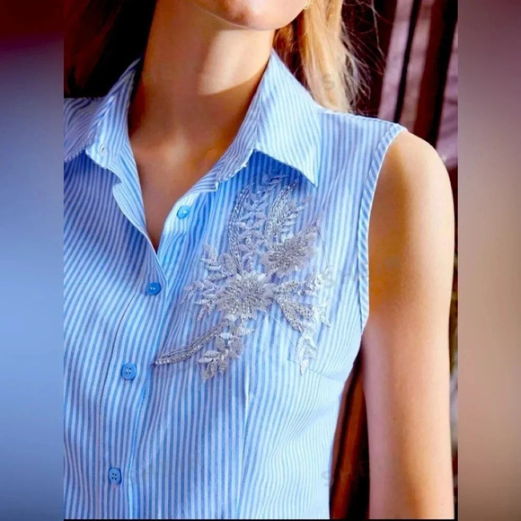 PREMIUM EMBROIDERY BEADED
DETAIL STRIPED PRINT BLOUSE - Picture 1 of 6